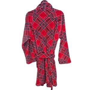 Victoria's Secret Bath Robe Women XS/S Red Plaid Fleece Short Bathrobe Belted